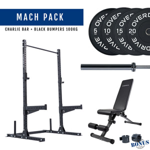 Overdrive Mach Pack home gym package, black frame with Charlie barbell and black bumper plates, 100kg
