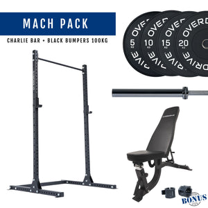 Overdrive Mach Pack home gym package, black frame with FID adjustable bench, black bumper plates, and Charlie barbell