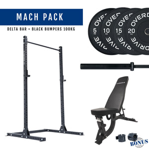 Overdrive Mach Pack home gym package, black frame with FID adjustable bench, black bumper plates, and Delta barbell