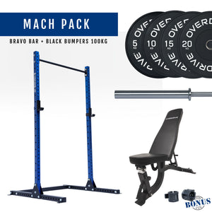 Overdrive Mach Pack home gym package, blue frame with FID adjustable bench, black bumper plates, and Bravo barbell