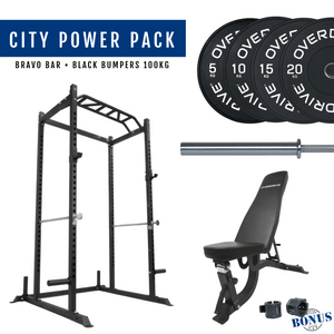 Overdrive Sports City Power Pack with Bravo barbell, black bumper plates 100kg, and FID adjustable bench