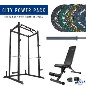 Overdrive Sports City Power Pack with Bravo barbell, Fury bumper plates 100kg, and City adjustable bench