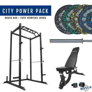 Overdrive Sports City Power Pack with Bravo barbell, Fury bumper plates 100kg, and FID adjustable bench