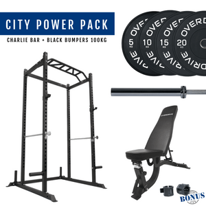 Overdrive Sports City Power Pack with Charlie barbell, black bumper plates 100kg, and FID adjustable bench