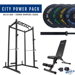 Overdrive Sports City Power Pack home gym package with Delta barbell and crumb bumper plates, 100kg set