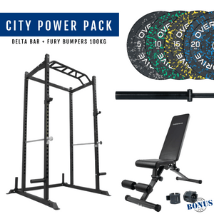 Overdrive Sports City Power Pack with Delta barbell, Fury bumper plates 100kg, and City adjustable bench