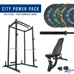 Overdrive Sports City Power Pack with Delta barbell, Fury bumper plates 100kg, and FID adjustable bench