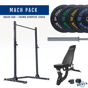 Overdrive Mach Pack home gym package, black frame with FID adjustable bench, contrast bumper plates, and Bravo barbell, 100kg