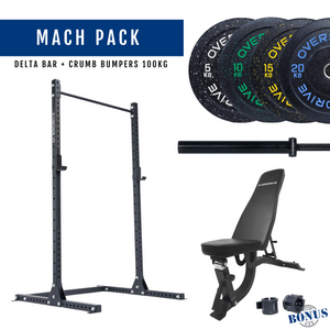 Overdrive Mach Pack home gym package, black frame with FID adjustable bench, contrast bumper plates, and Delta barbell, 100kg