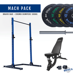 Overdrive Mach Pack home gym package, blue frame with FID adjustable bench, contrast bumper plates, and Bravo barbell, 100kg