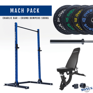Overdrive Mach Pack home gym package, blue frame with FID adjustable bench, contrast bumper plates, and Charlie barbell, 100kg