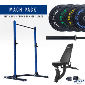 Overdrive Mach Pack home gym package, blue frame with FID adjustable bench, contrast bumper plates, and Delta barbell, 100kg
