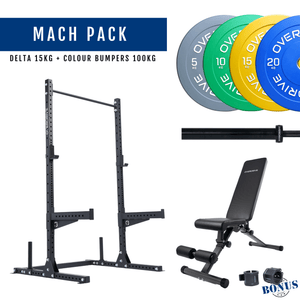 Overdrive Mach Pack, black frame with City adjustable bench, colour bumper plates, and Delta barbell 15kg